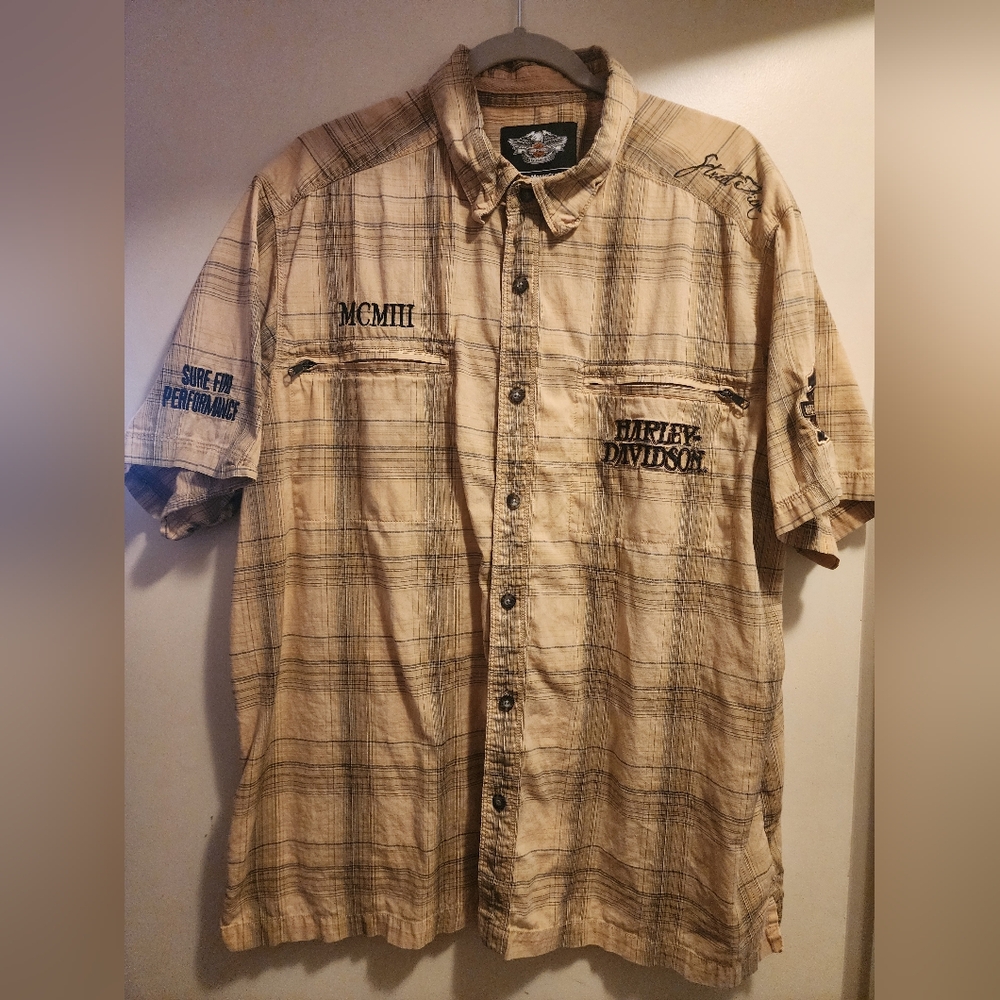 Harley-Davidson Tan Plaid Short-Sleeve Button-Down Shirt